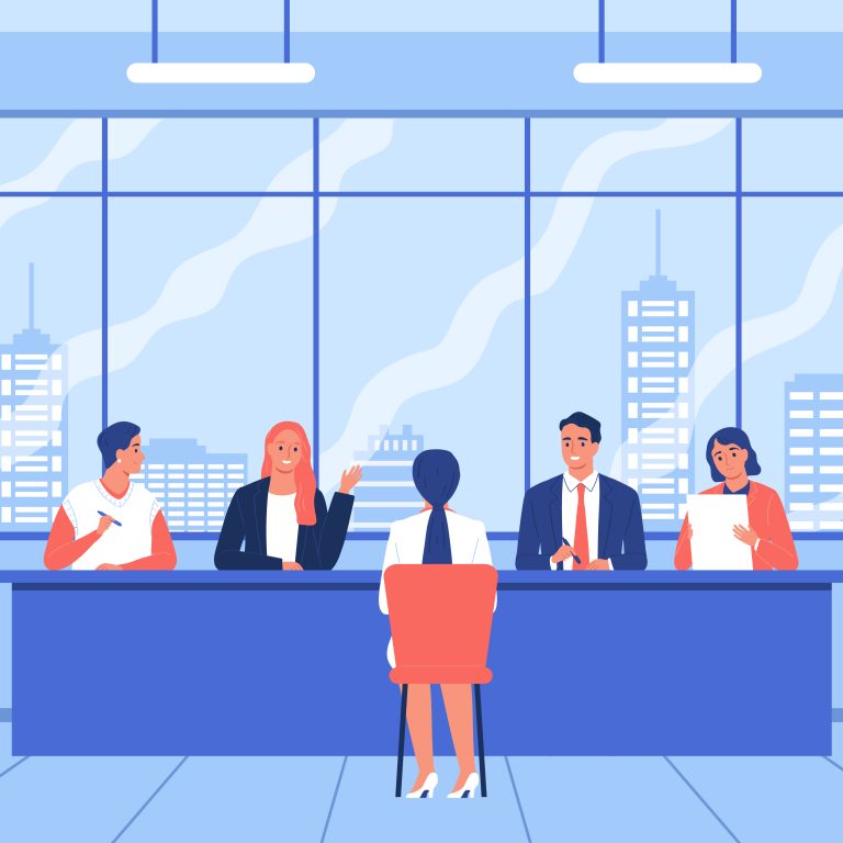 Job search composition with indoor scenery and character of female applicant sitting in front of employers vector illustration